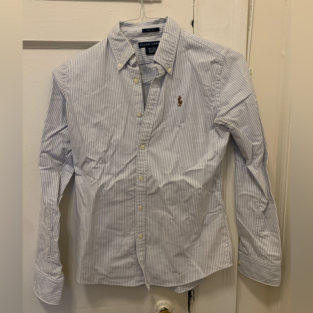 Polo Ralph Lauren collared shirt, blue and white striped, good condition